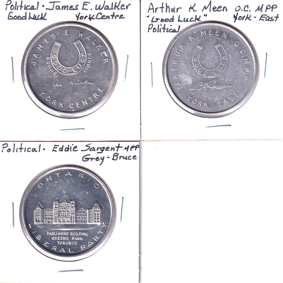 Lot of 3x Ontario Political Good Luck Tokens: MPPs Meen, Sargent & Walker, 3Pcs
