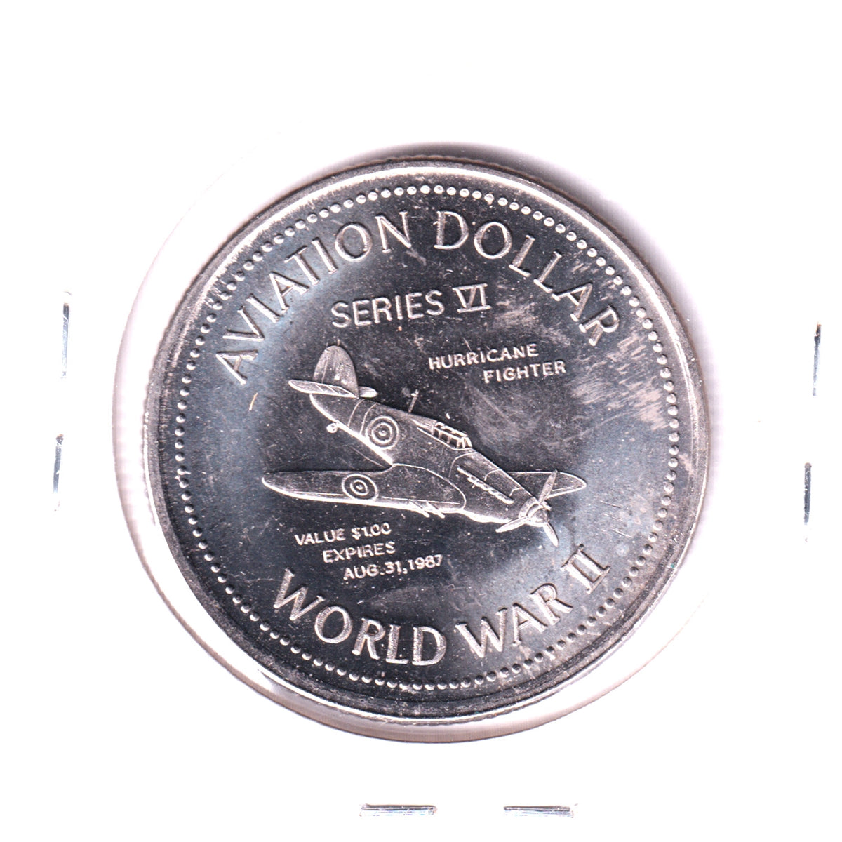 1987 Gander, Newfoundland, Aviation Dollar Trade Token: WWII Hurricane Fighter