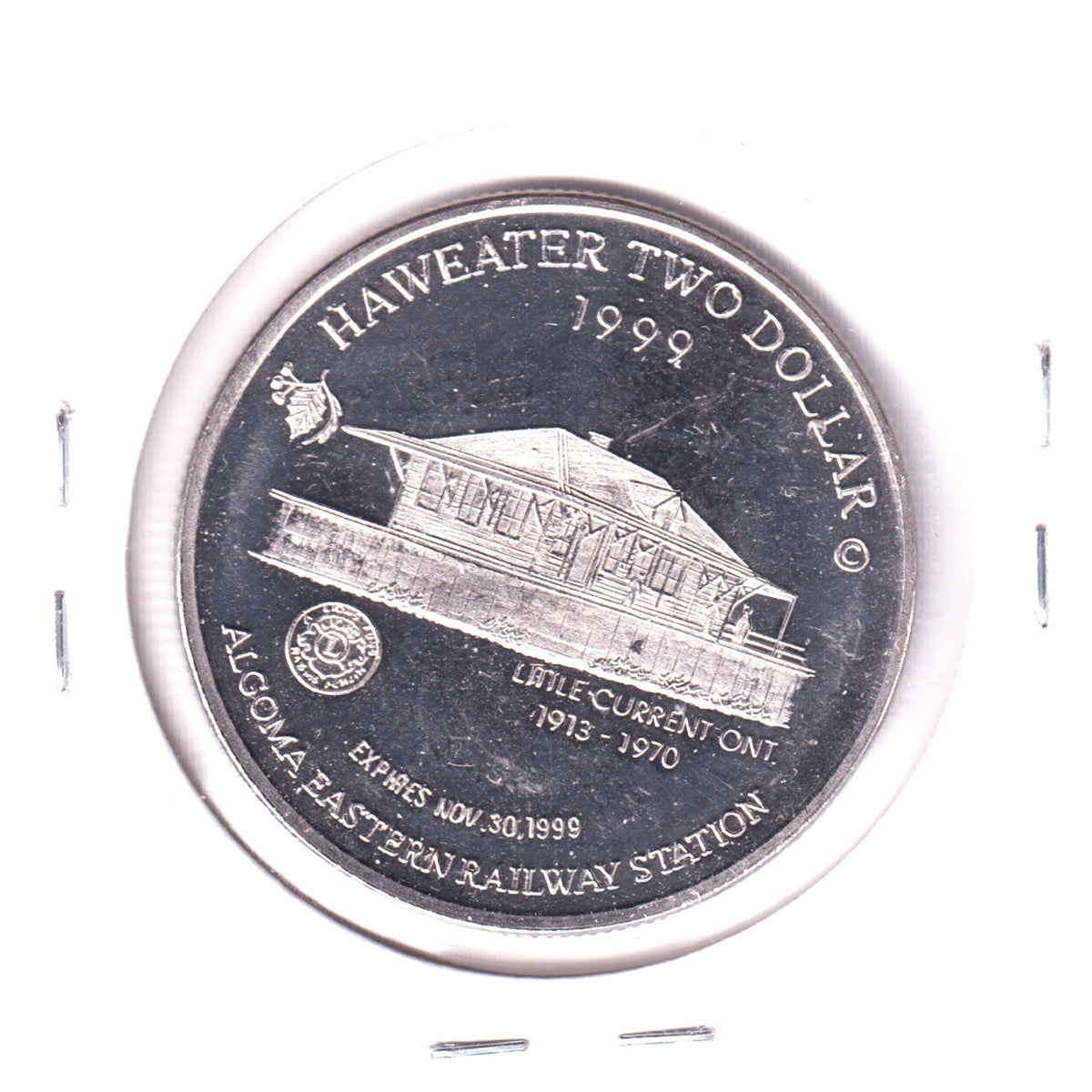 1999 Manitoulin Island, Ontario, Haweater $2 Trade Token: Algoma Eastern Railway Stn.