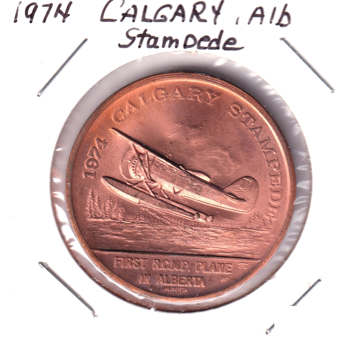 1974 Calgary Stampede Medallion: First RCMP Plane in Alberta (Lightly Toned)