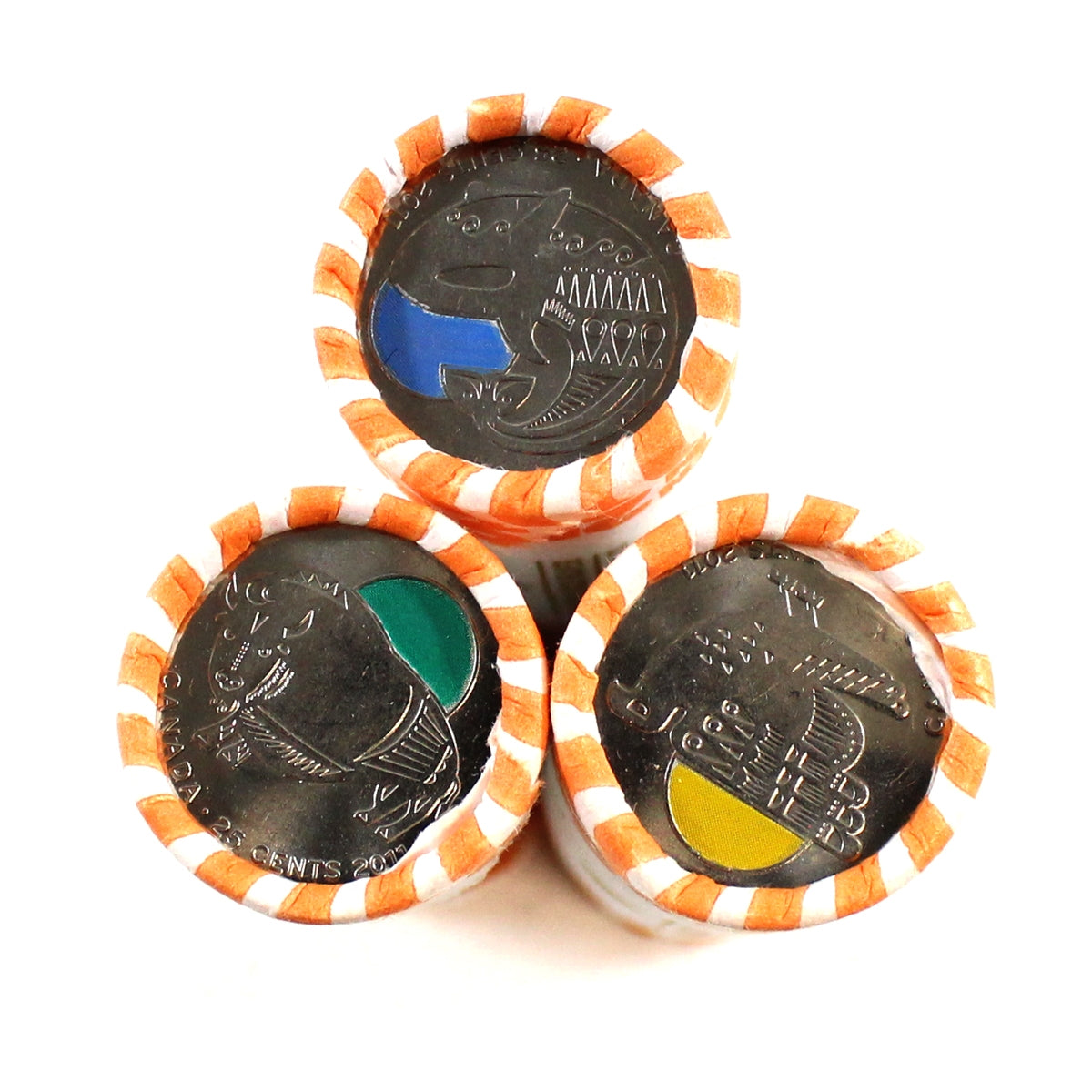 3x 2011 Canada 25-cent Rolls - Orca, Bison, & Falcon, Circulated COLOURED, 3Pcs