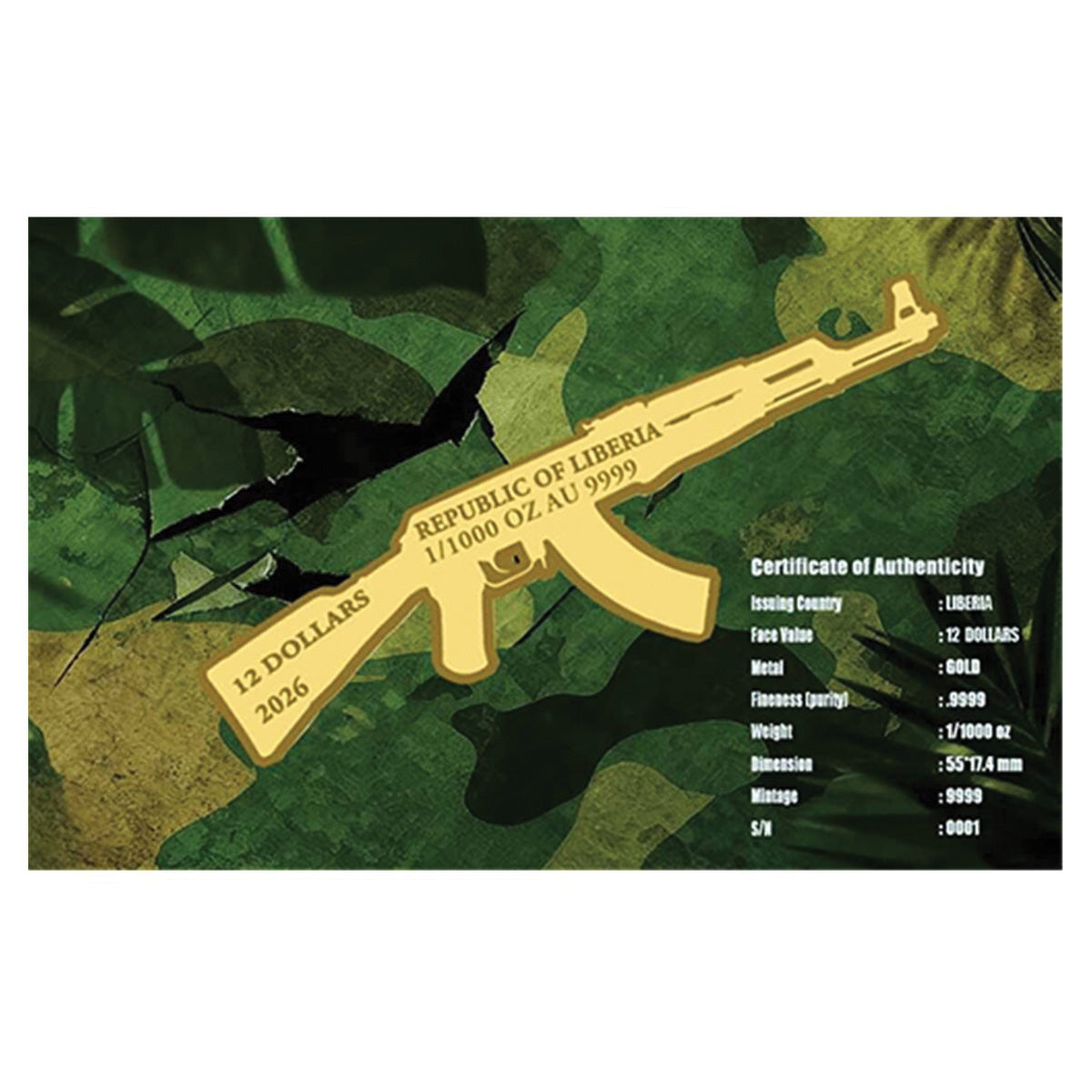 2026 Liberia $12 AK-47 Shaped 1/1000oz 24K .9999 Gold in Card (No Tax)