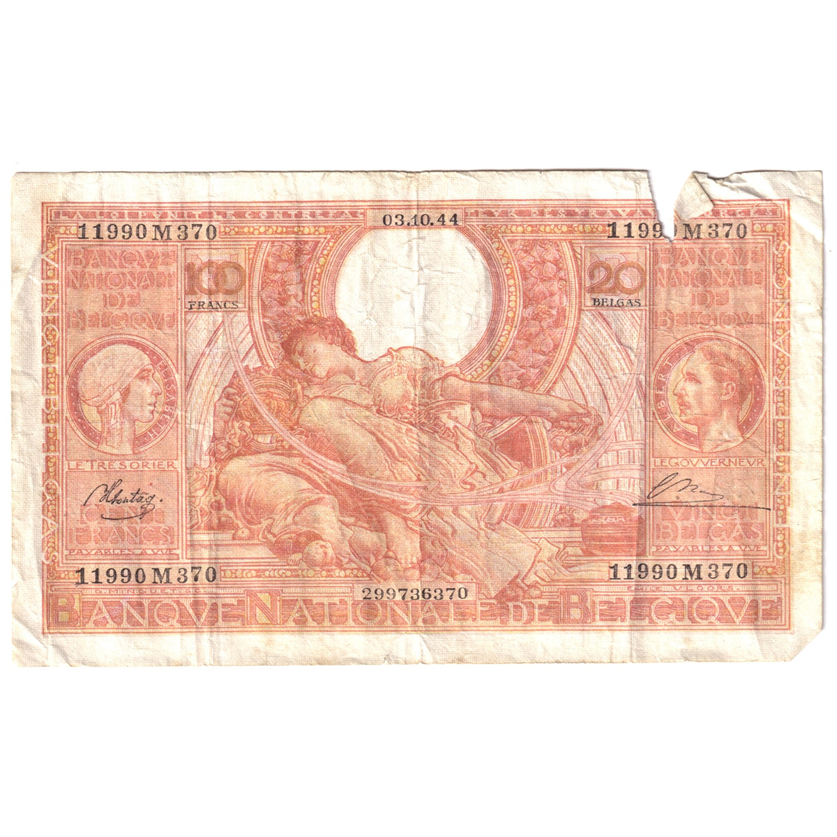 Belgium Pick #114 1944 100-francs Very Fine (VF20) Tears