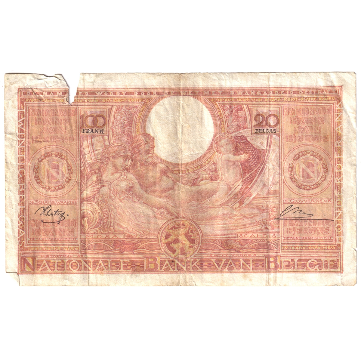 Belgium Pick #114 1944 100-francs Very Fine (VF20) Tears