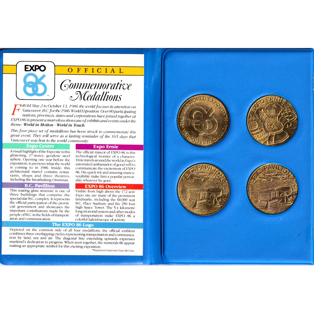 Lot of 4x Expo 86, Vancouver, Medallions: 3x BC Pavilion, 1x Expo Ernie, 4Pcs in Album