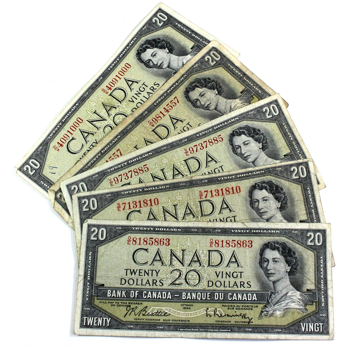Lot of 5x 1954 Canada $20 Notes with Different Prefixes, Circulated, 5Pcs (Impaired)