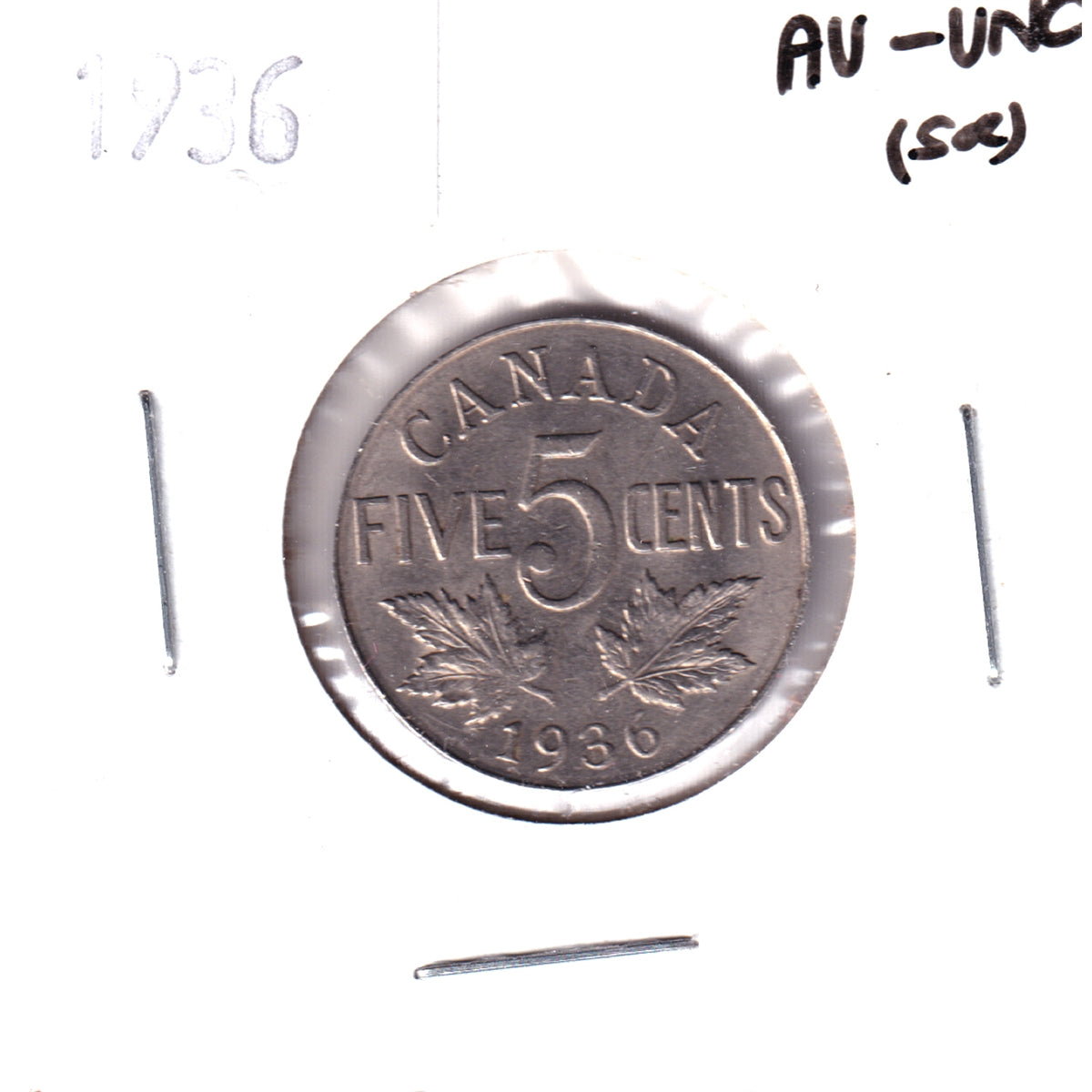 1936 Canada 5-cents AU-UNC (AU55) Scratch, cleaned or impaired