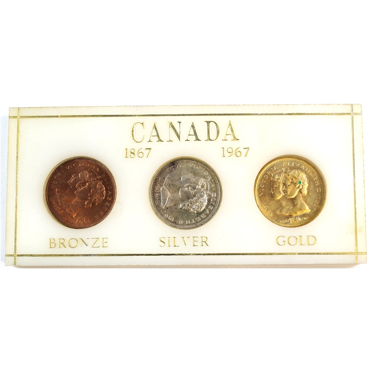 1867-1967 Canada Centennial 3-Token Set in Acrylic - Bronze, Silver, & Gold-Plated