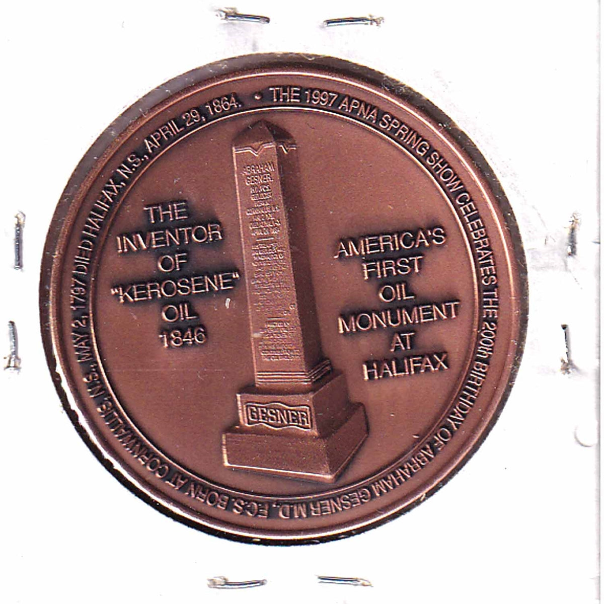 1997 Canada Halifax Coin Club 200th Ann. of Abraham Gesner Medallion - Copper Coloured