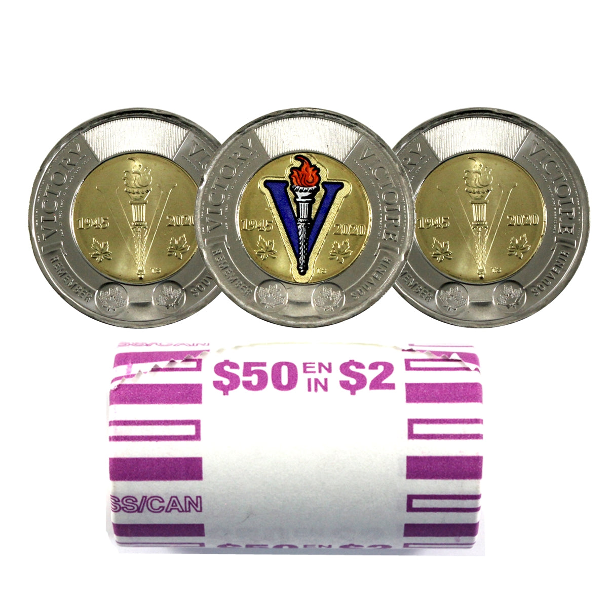 2020 Canada $2 WWII Victory Some Coloured Original Roll of 25Pcs