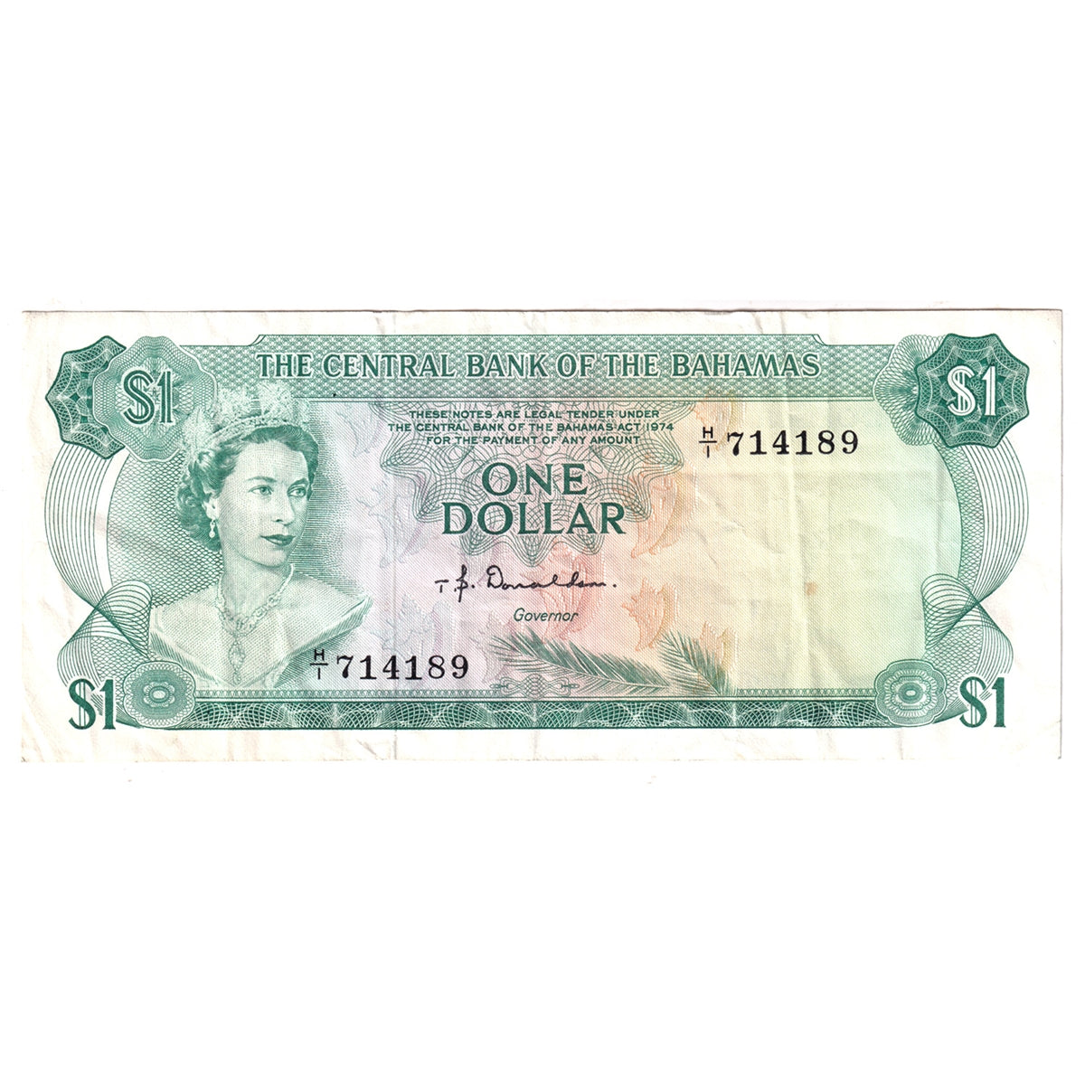 Bahamas Note, 1974 1 Dollar, Very Fine (VF20) Tear, stain, or rust