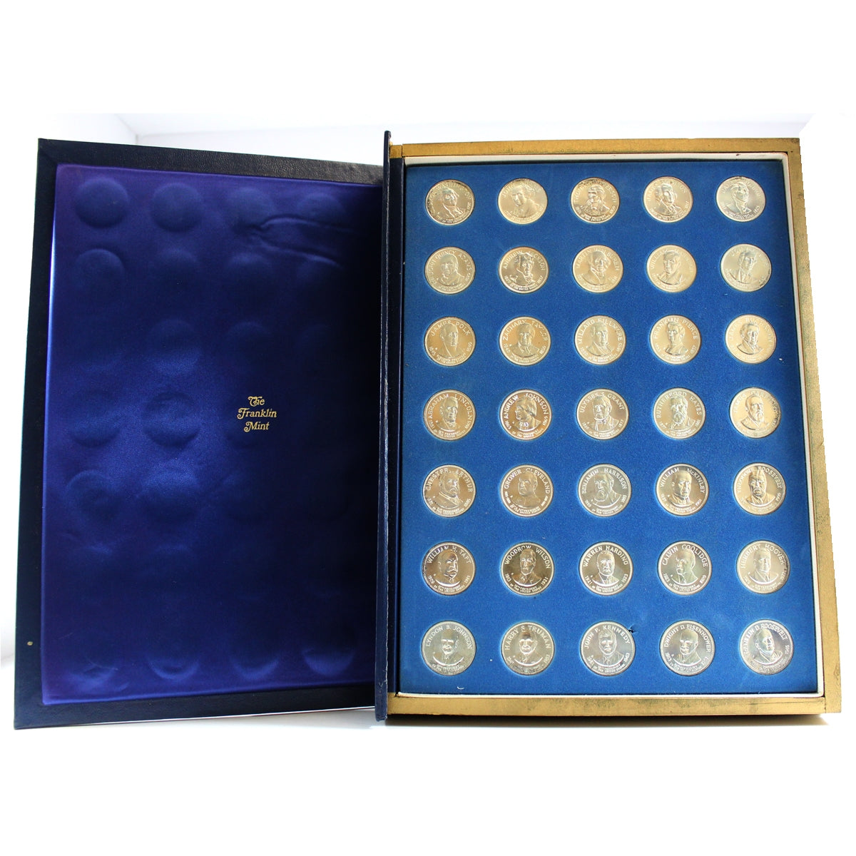 Franklin Mint Sterling Silver US Presidential 35-Medallion Set in Blue Album (impaired)