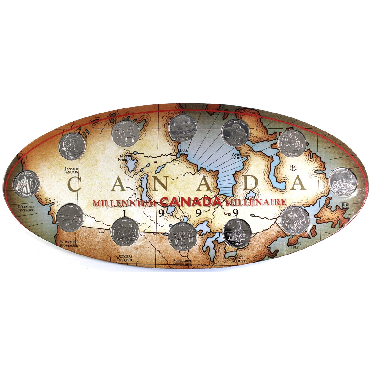 1999 12-Hole Millennium Canada 25-cent Oval Board with Coins