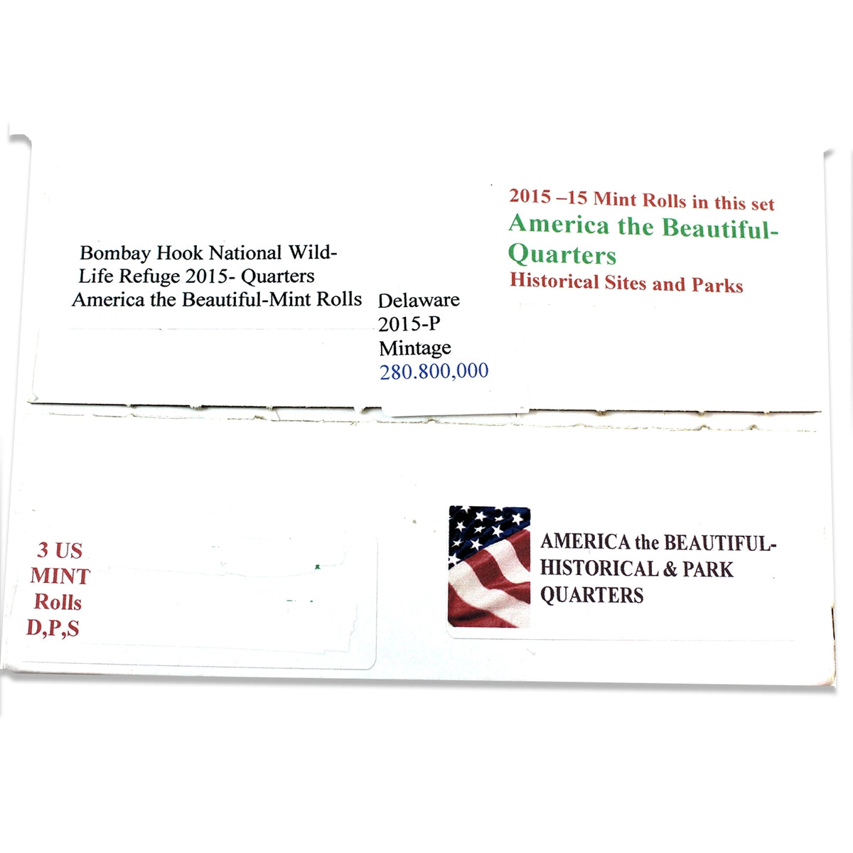Set of 3x 2015 PDS USA National Parks Quarter Rolls - Bombay Hook, 3 Rolls in Box