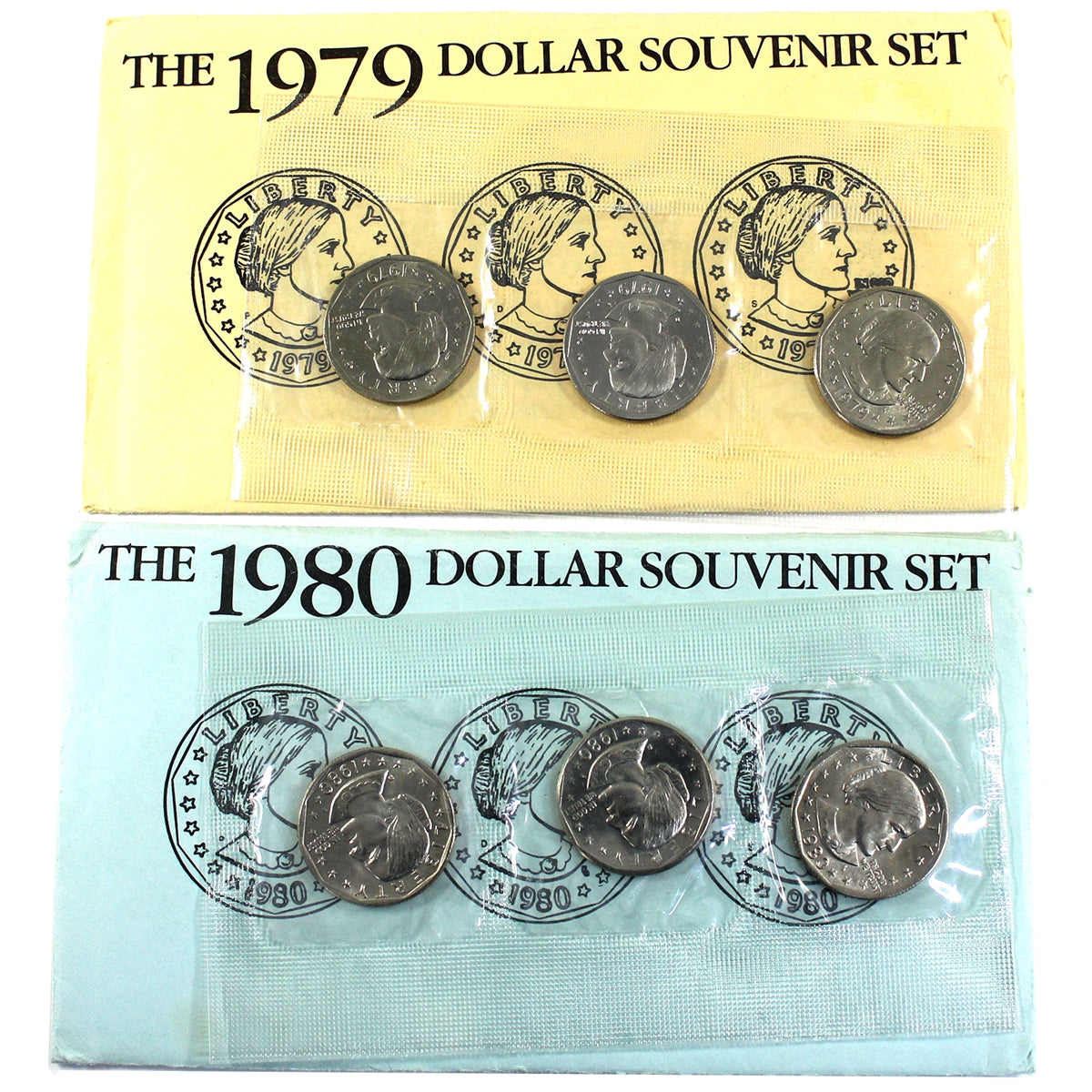Pair of 1979 & 1980 PDS USA Susan B. Anthony Dollar 3-coin Souvenir Sets