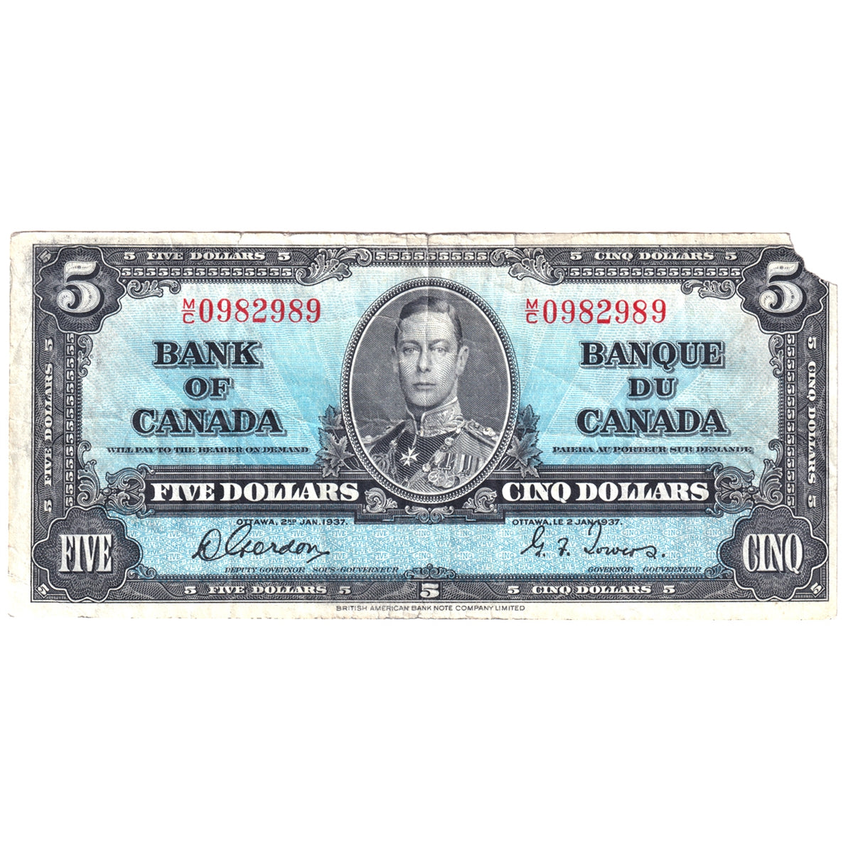BC-23b 1937 Canada $5 Note, Gordon-Towers, Very Fine (VF20) Stain, tear, or damaged