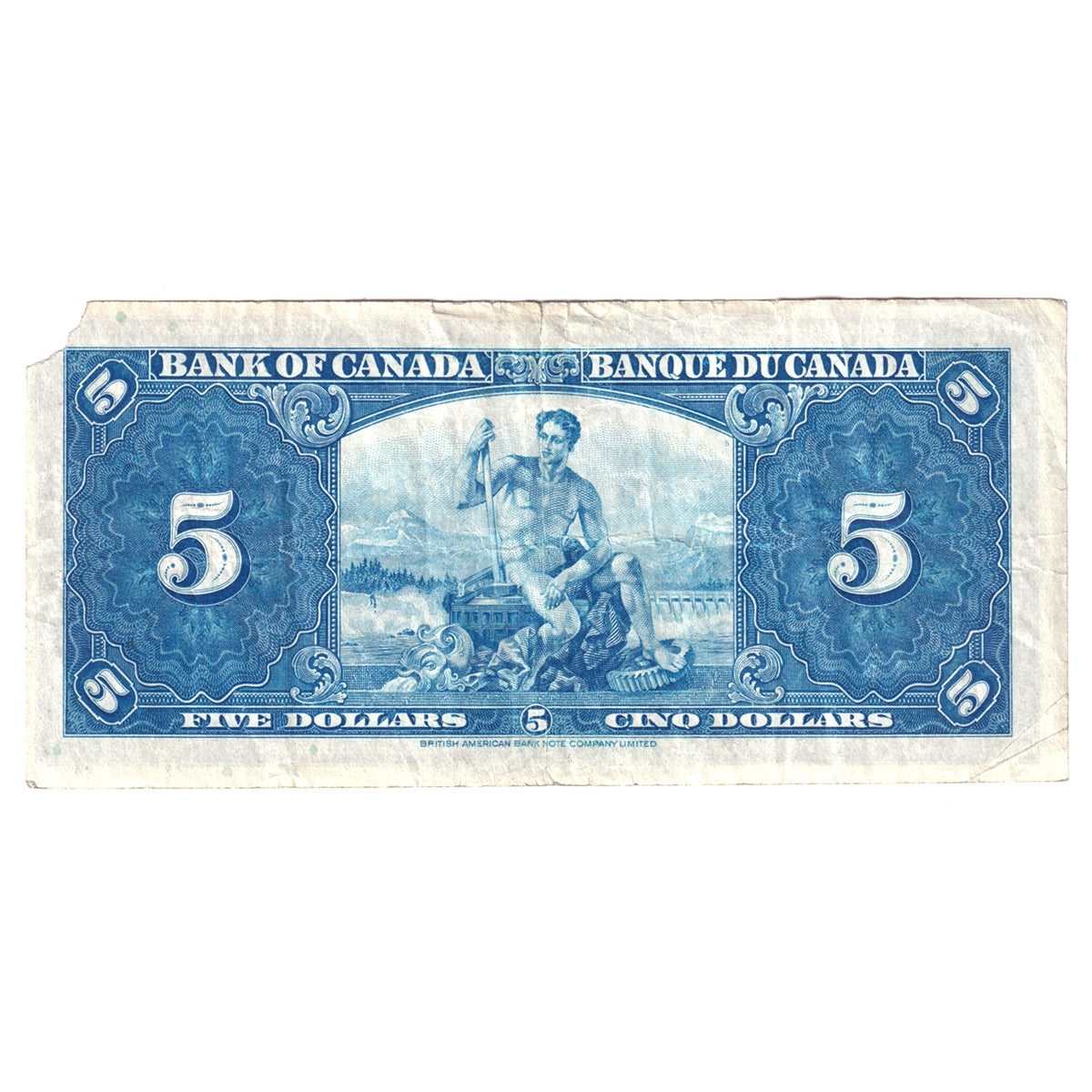 BC-23b 1937 Canada $5 Note, Gordon-Towers, Very Fine (VF20) Stain, tear, or damaged