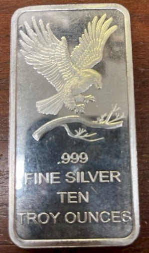 10oz. Eagle Design Silvertowne .999 Fine Silver Bar (No Tax) - Unsealed/Toning