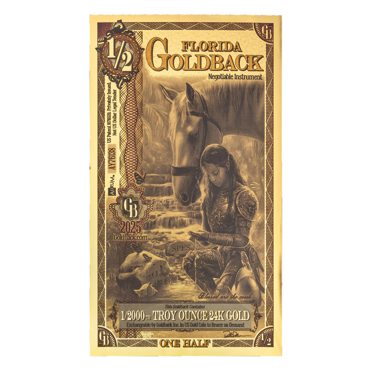 1/2 Florida Goldback Aurum 1/2000oz 24K .9999 Gold Wafer Foil Note (No Tax)