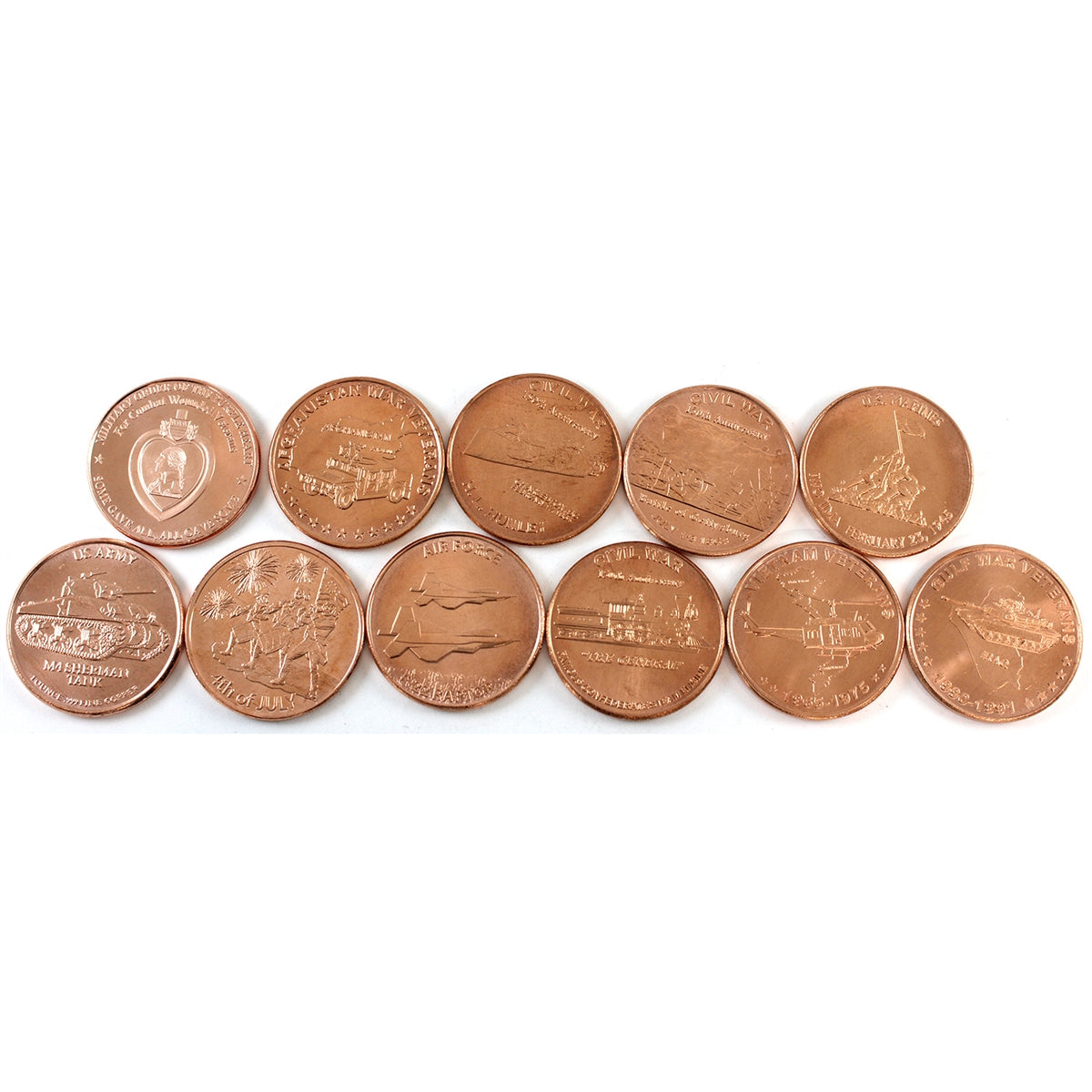 Lot of 11x Different Military/Veteran Themed 1oz. AVDP .999 Fine Copper Rounds, 11Pcs