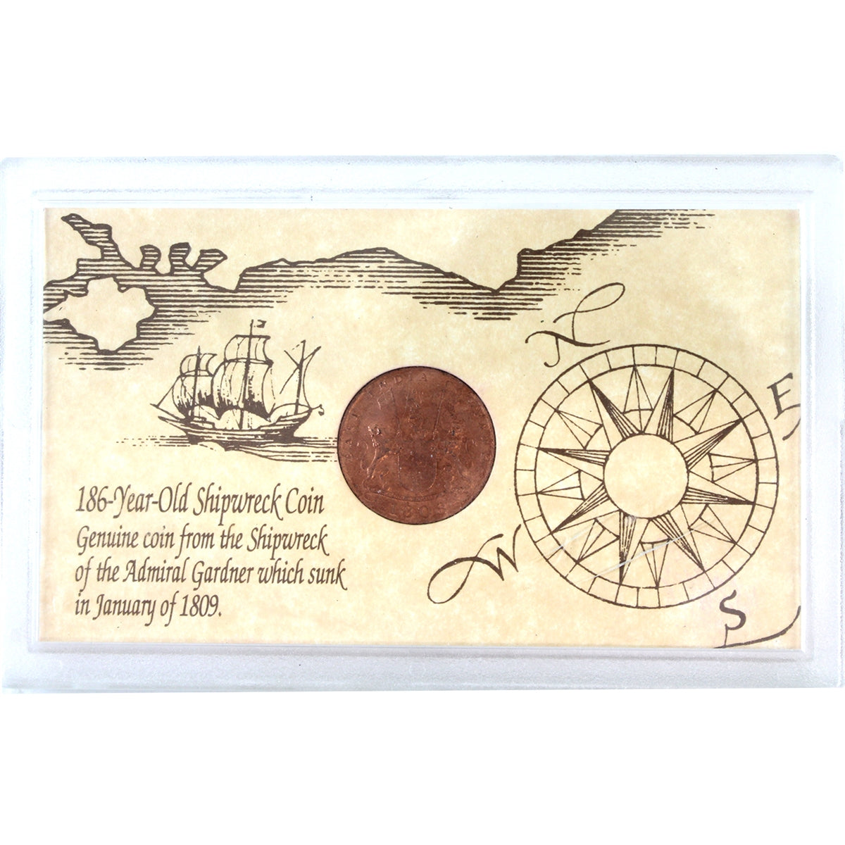 East India Company 1808 10 Cash Shipwreck Coin in Holder with CoA (Holder damaged)