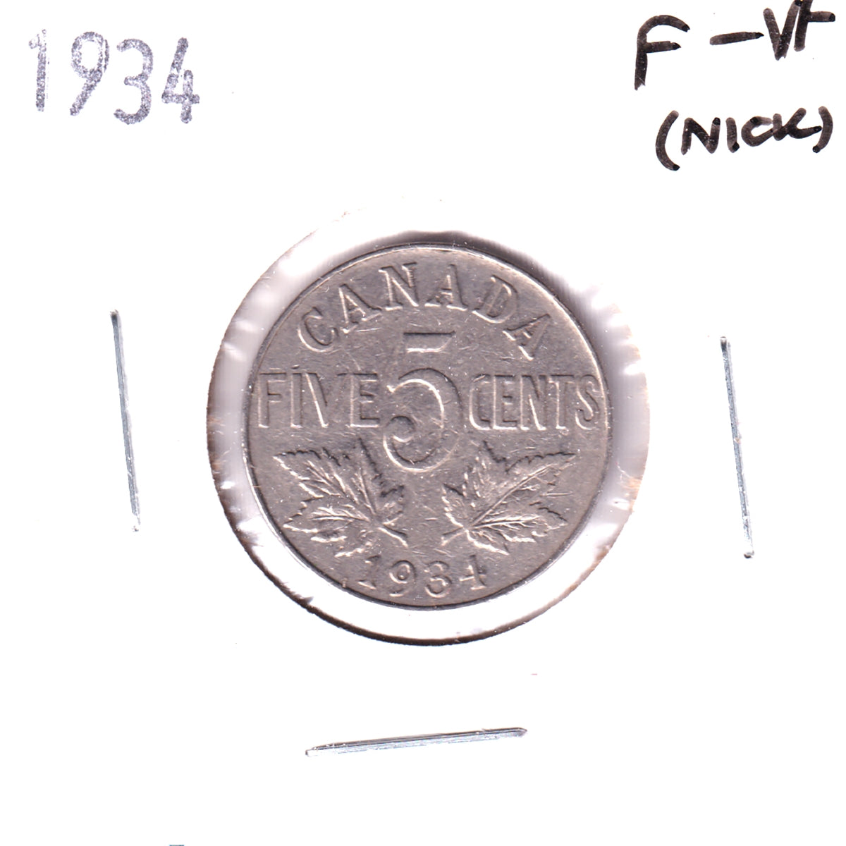 1934 Canada 5-cents F-VF (F15) Scratched, nicks, or impaired