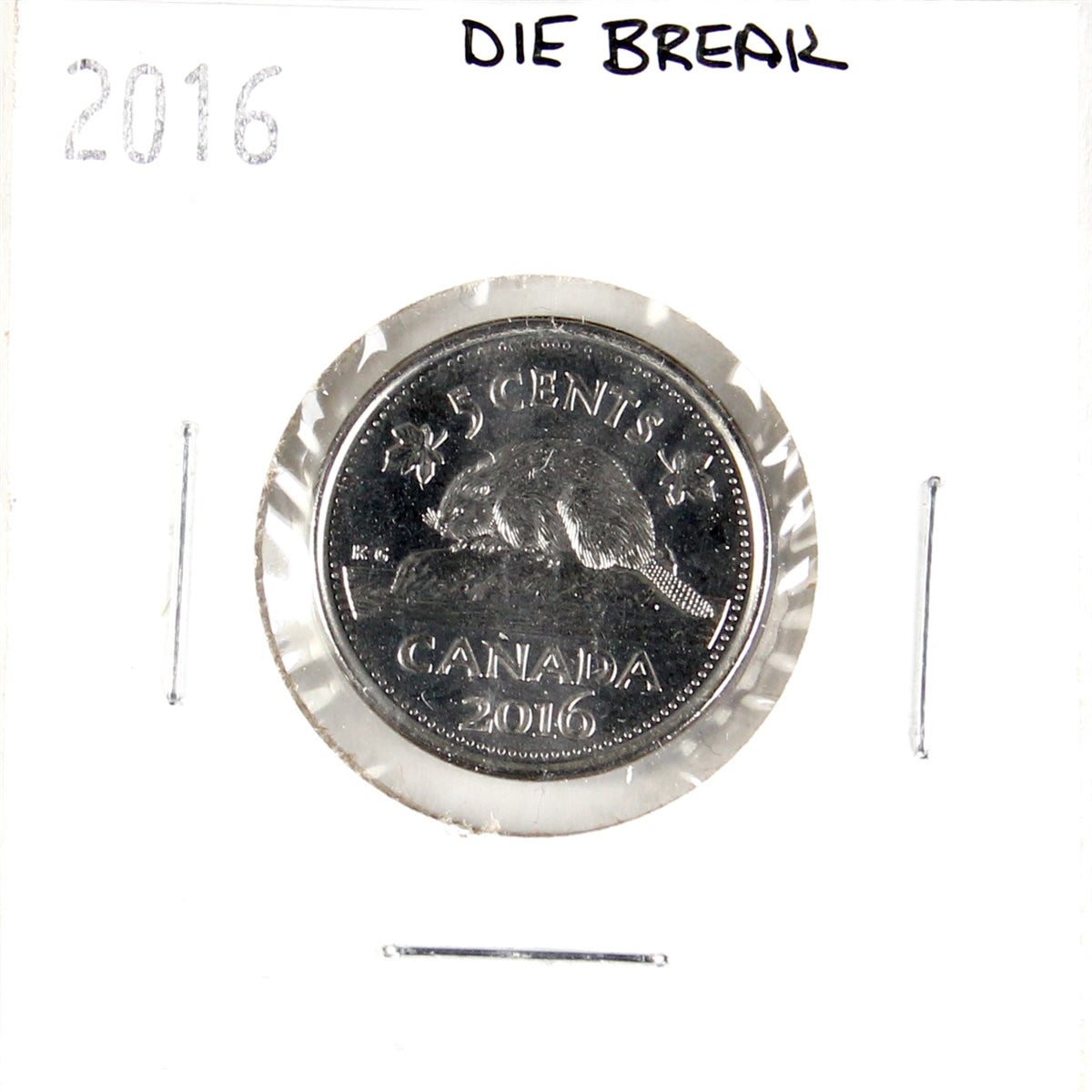 ERROR 2016 Canada 5-cents (Die break on beaver's neck & back)