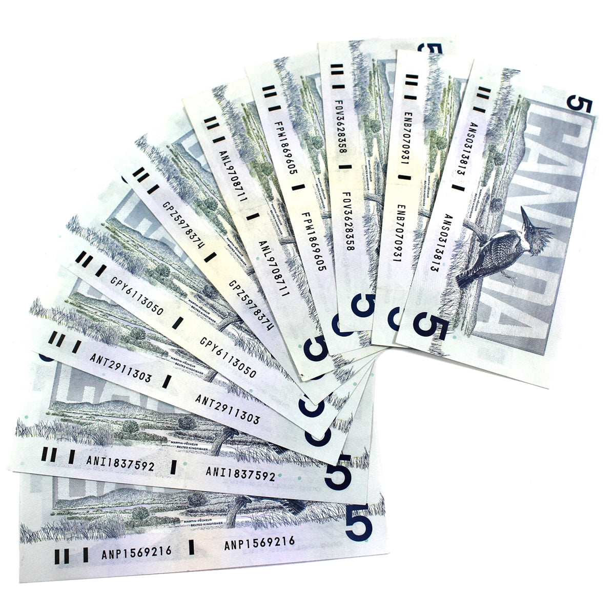 Lot of 10x 1986 Canada $5 Notes with All Different Prefixes, Average Condition, 10Pcs