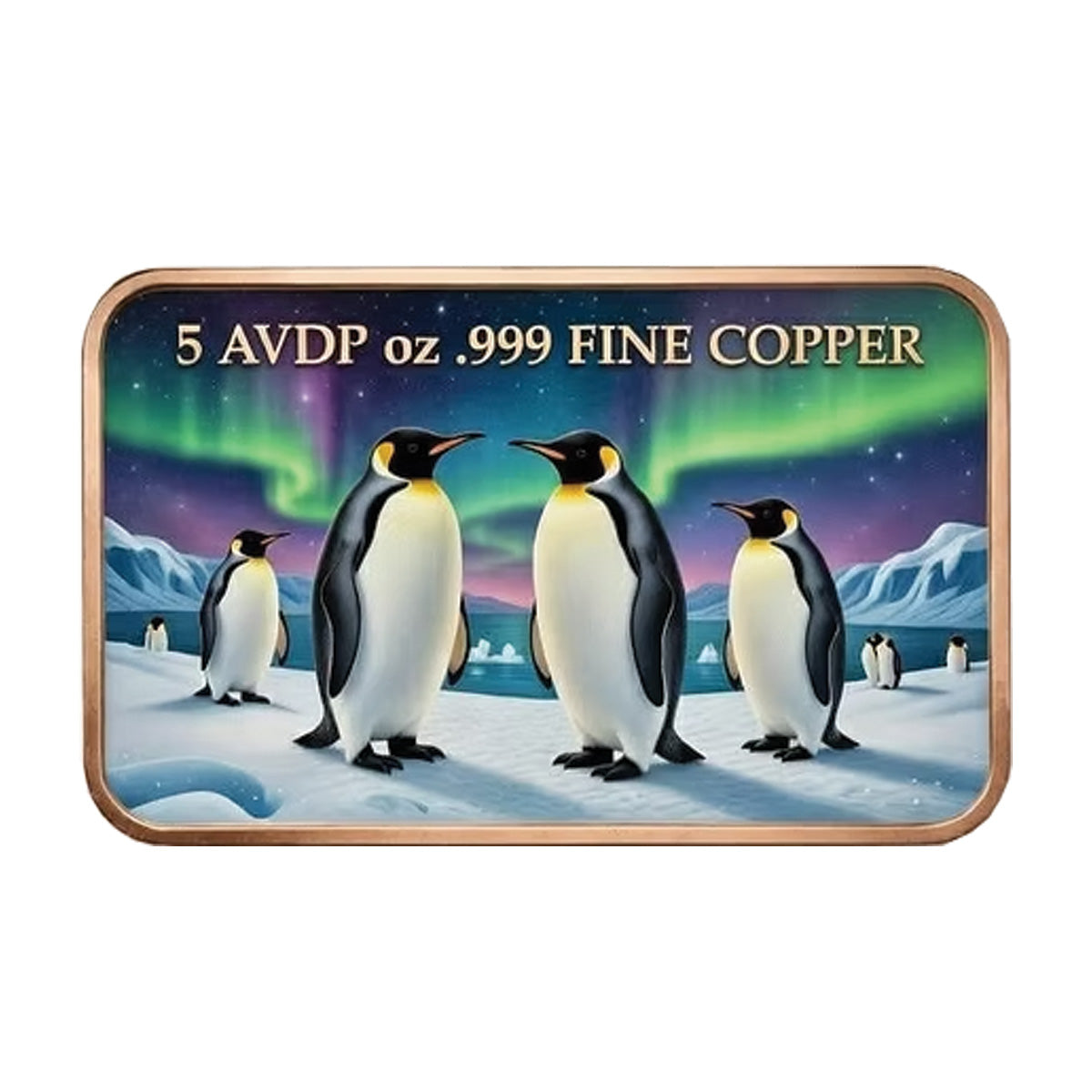 Northern Lights Penguins Coloured 5oz .999 Copper Art Bar