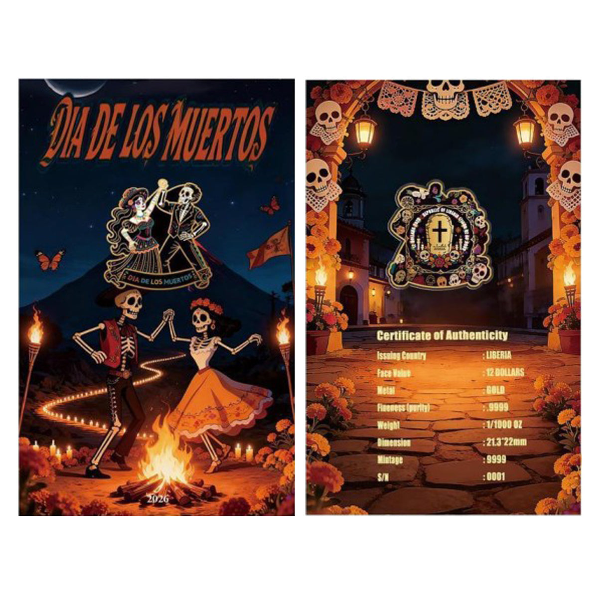 2026 Liberia $12 Dia De los Muertos: Bailando 1/1000oz 24K .9999 Gold (No Tax)