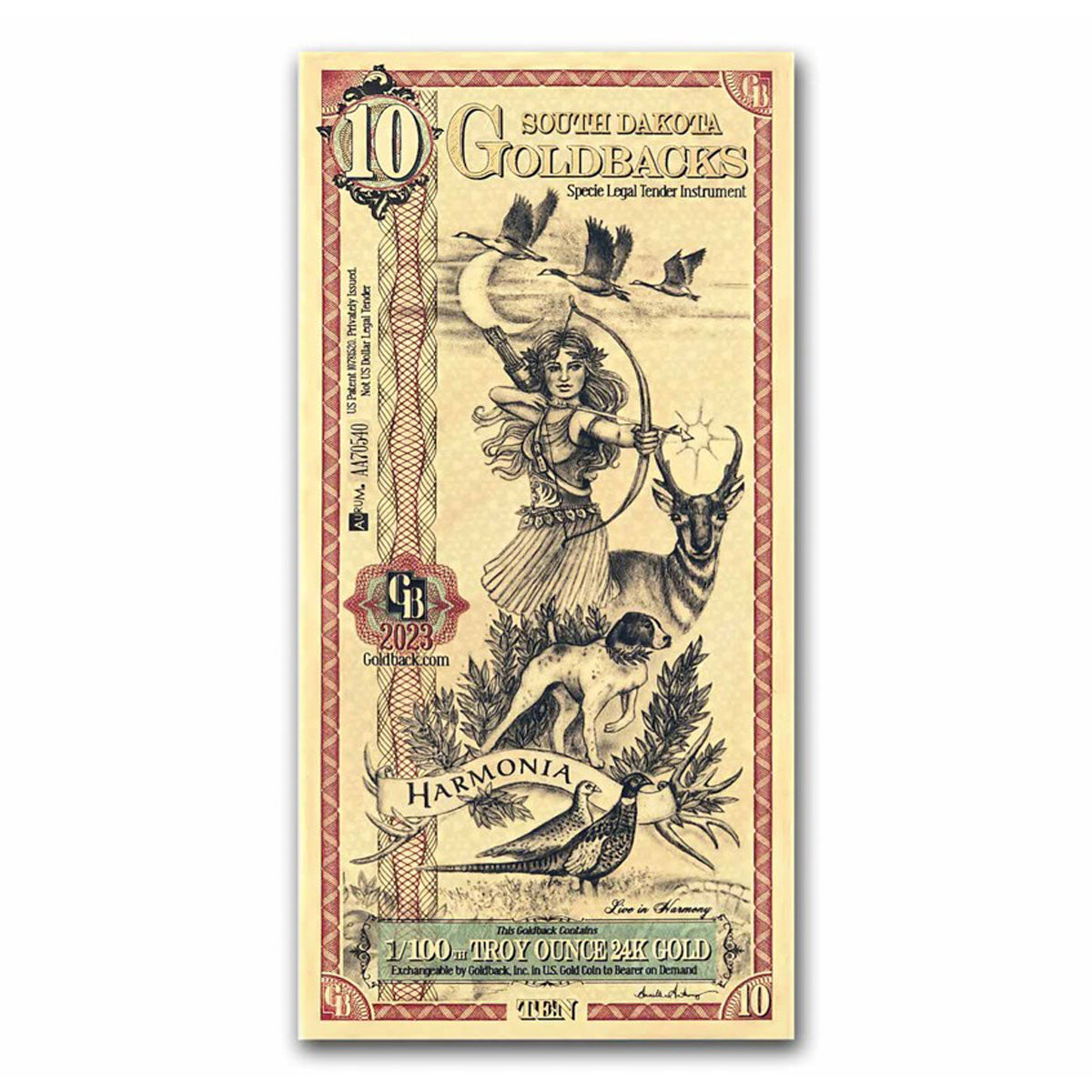 Ten South Dakota Goldback Aurum 1/100oz 24K .9999 Gold Wafer Foil Note (No Tax)