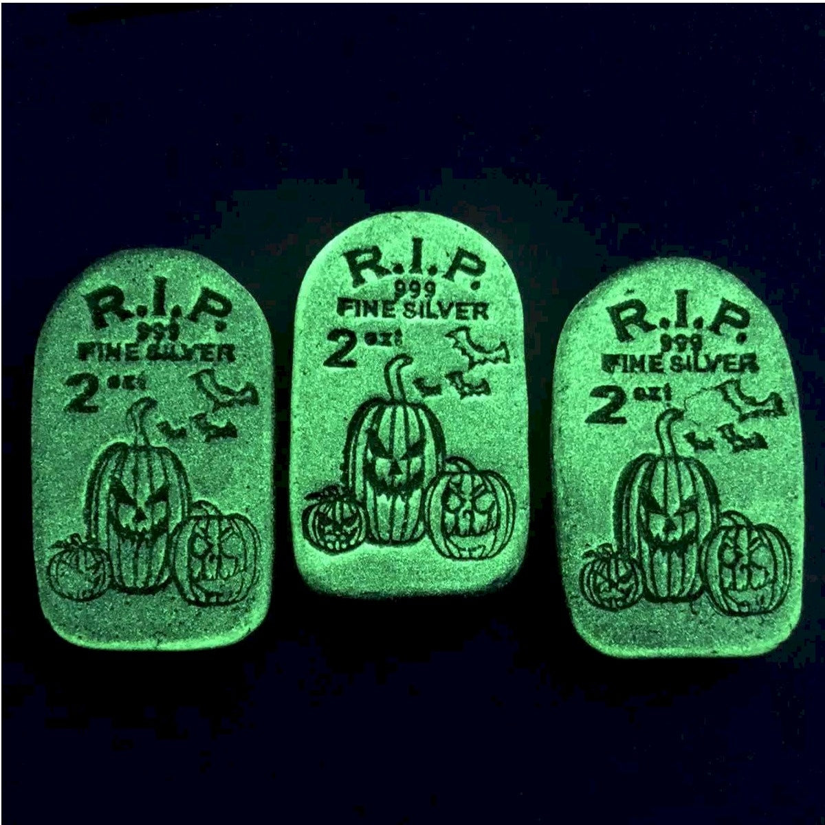 Monarch Glow-in-the-Dark Jack o' Lantern Tombstone 2oz. Silver (No Tax) ONLY 999 MINTED! - Toned