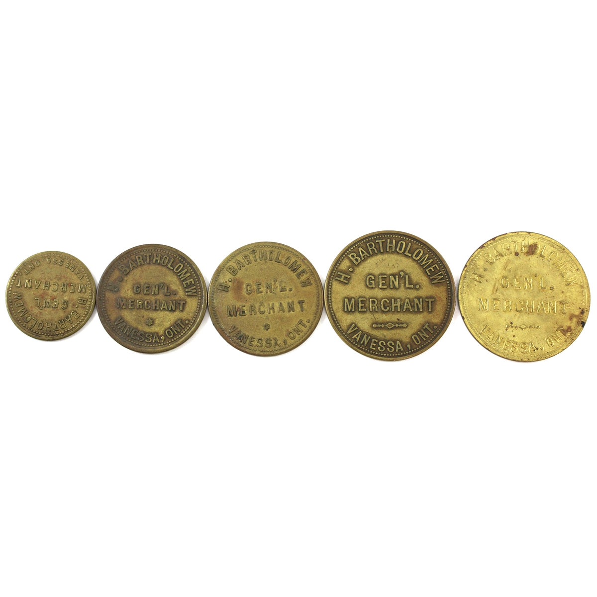 Lot of 5x Various H. Bartholomew, Gen'l Merchant, Vanessa, Ont., Merchant Tokens, 5Pcs