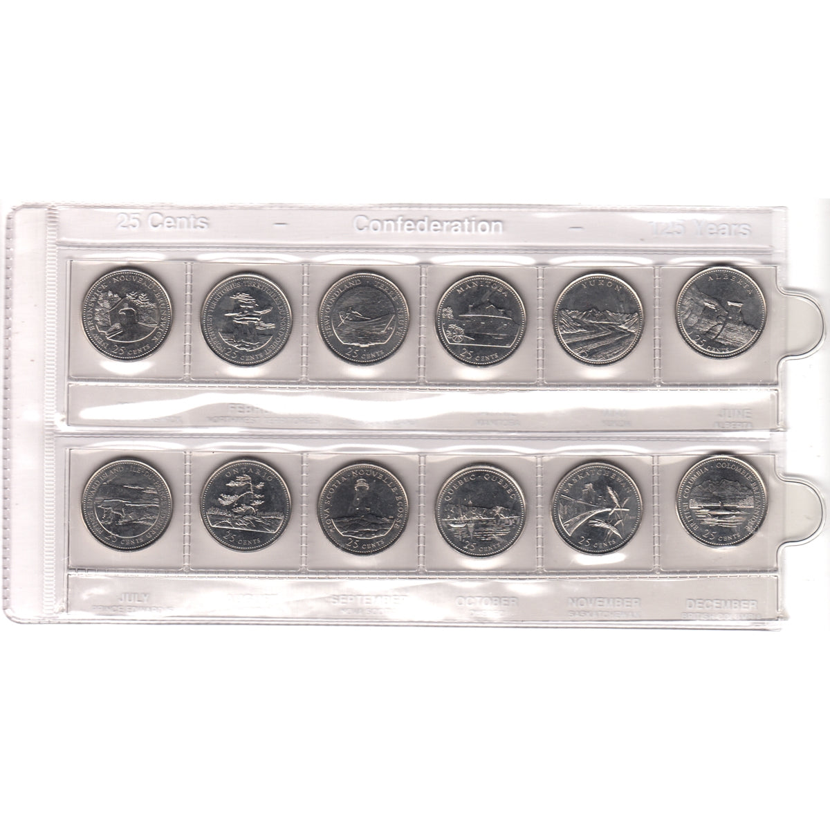 1992 Canada 125 12-coin 25-cent Set in Plastic Sleeve (lightly toned)