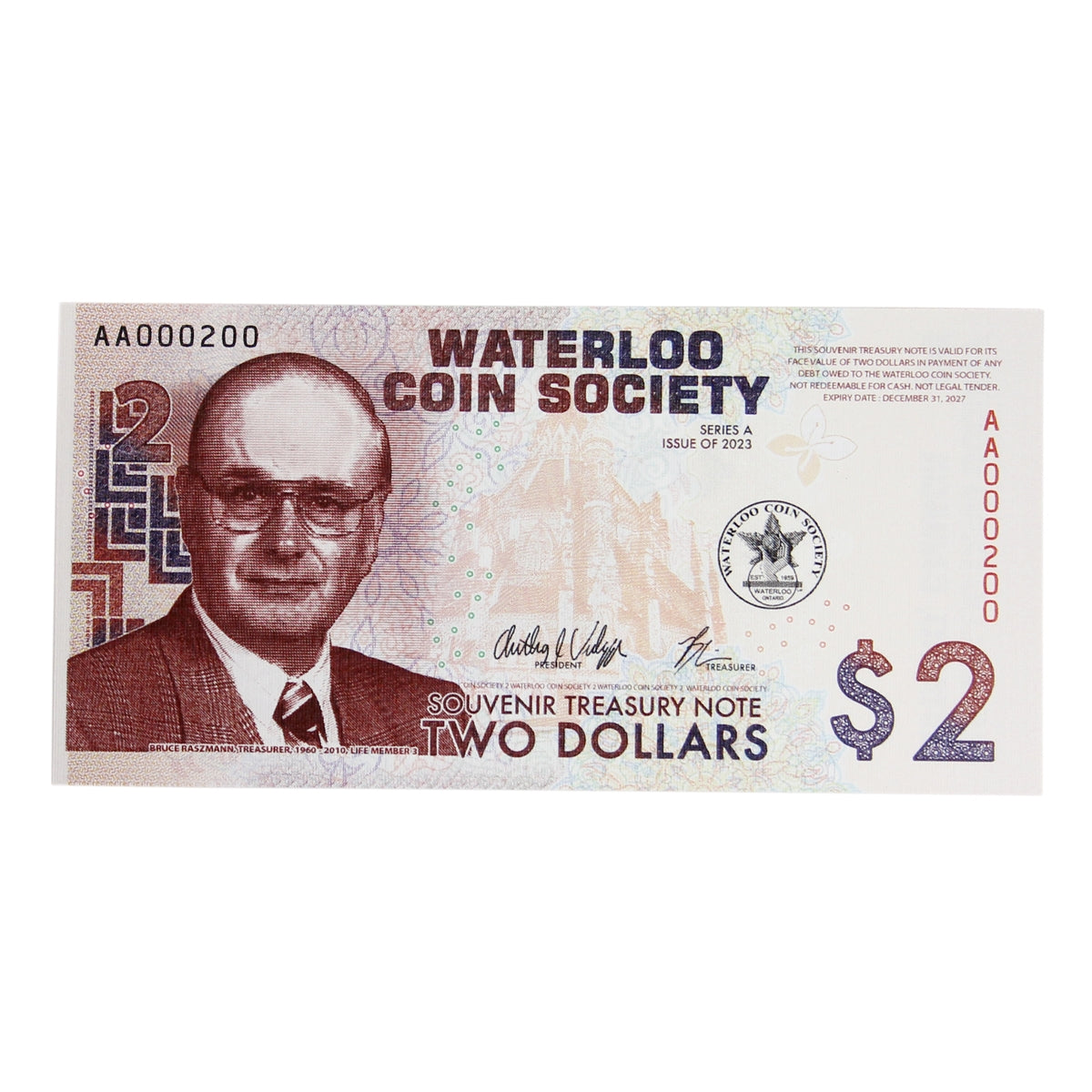 Waterloo Coin Society Souvenir Treasury $2 Note, Series A, UNC