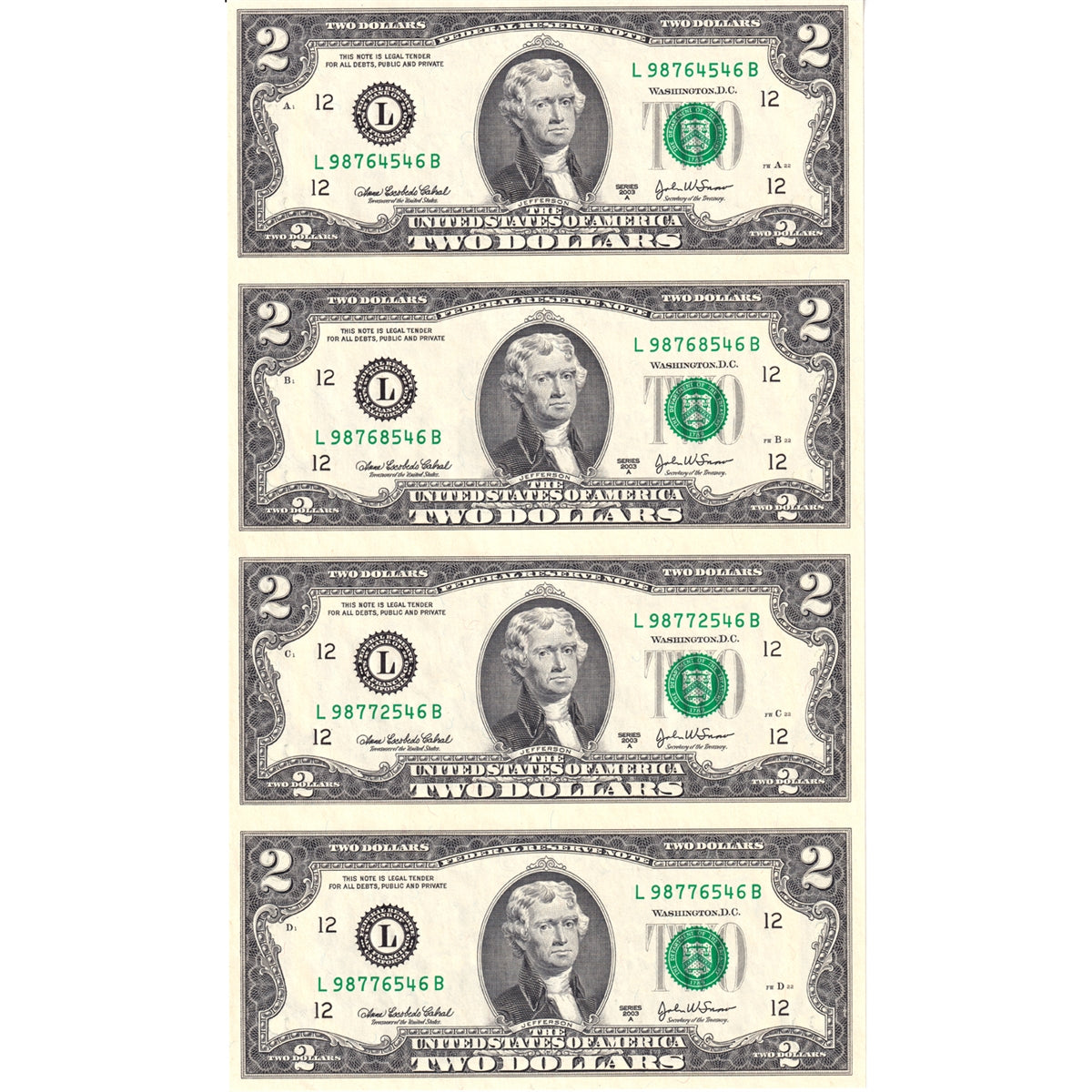 Uncut Strip of 4x 2003A USA Federal Reserve $2, Cabral-Snow, San Fransisco District