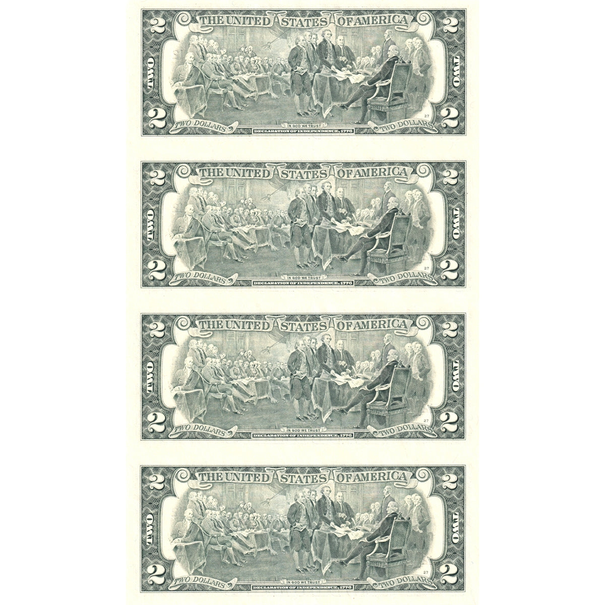 Uncut Strip of 4x 2003A USA Federal Reserve $2, Cabral-Snow, San Fransisco District