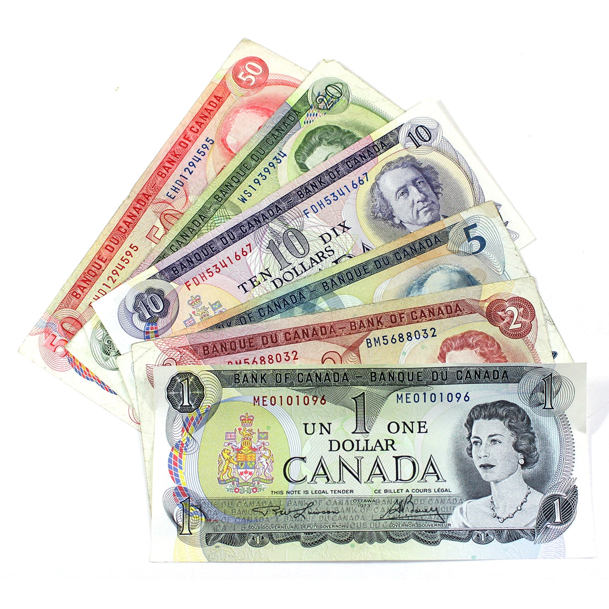 Lot of 6x 1969-1979 Canada Notes, $1, $2, $5, $10, $20 & $50, Average Condition, 6Pcs
