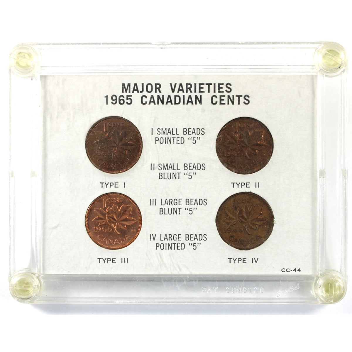 Set of 4x 1965 Canada 1-cent Major Varieties in Holder (1 coin has a bit of corrosion)