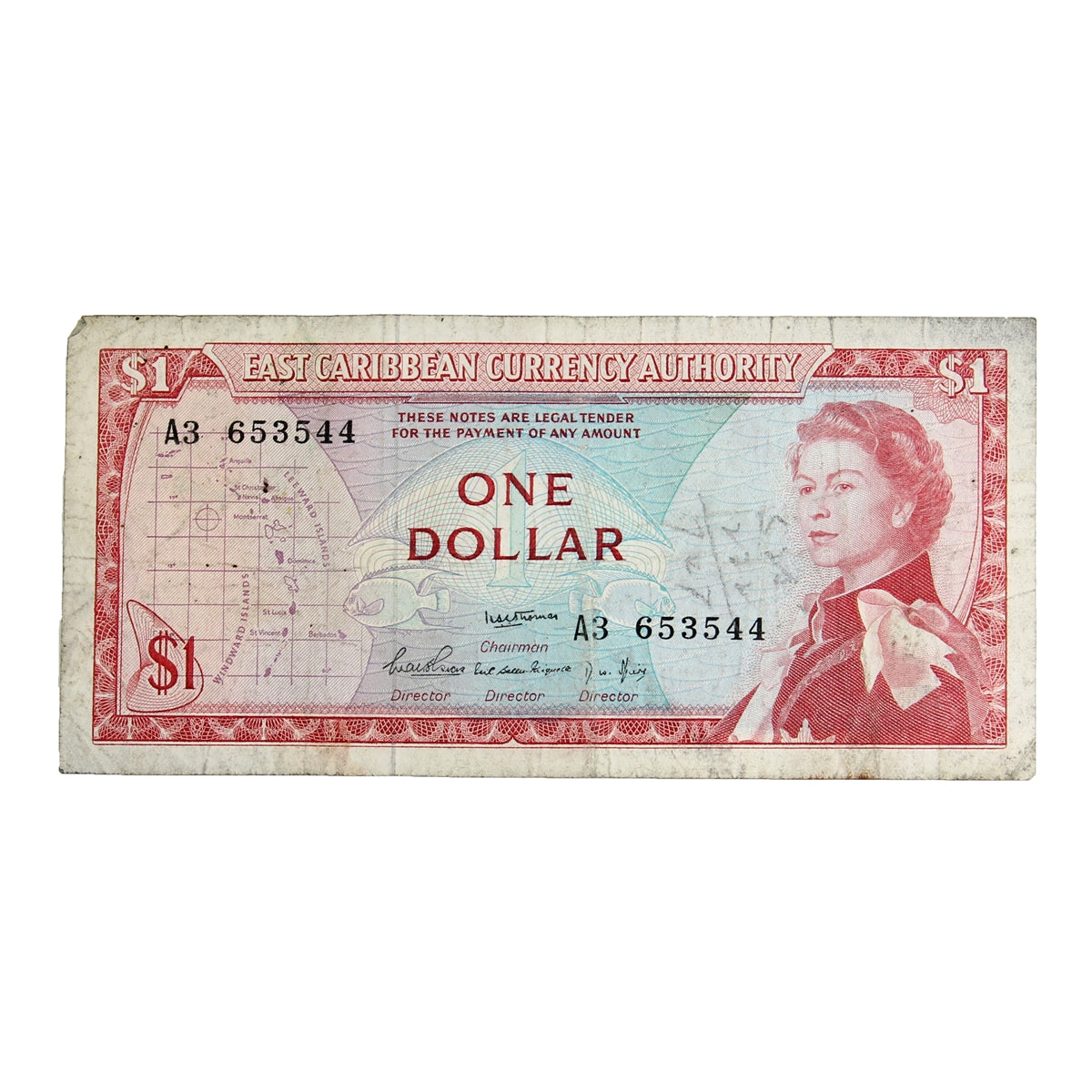 East Caribbean States Note 1965 1 Dollar Pick #13a, VF (Tear or Damaged)