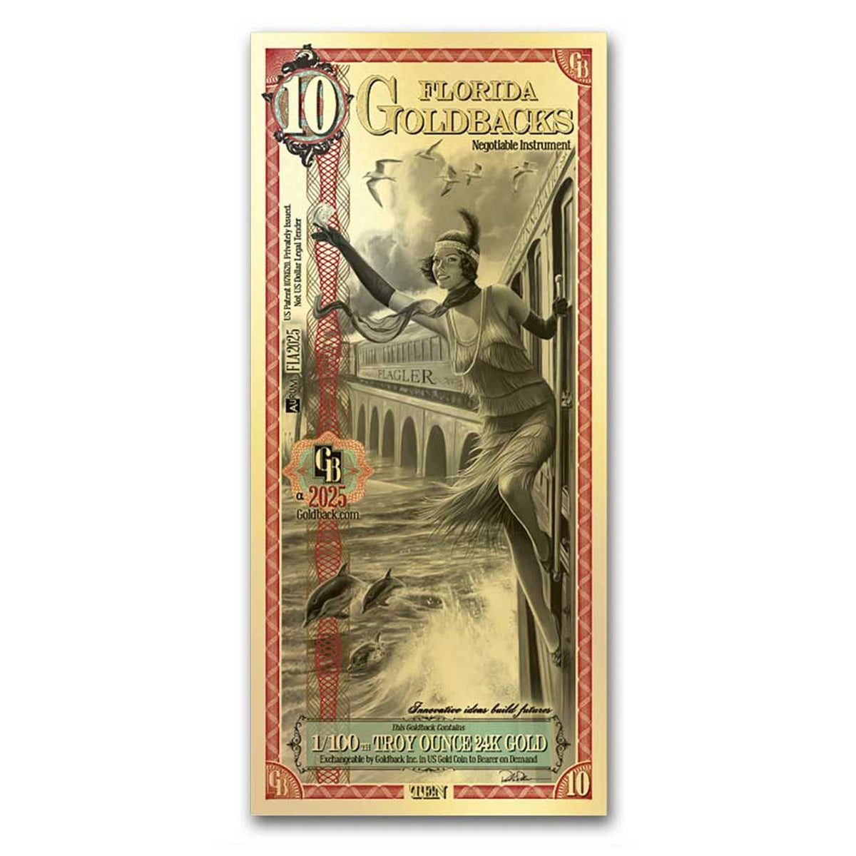 Ten Florida Goldback Aurum 1/100oz 24K .9999 Gold Foil Note (No Tax) Scr on Holder