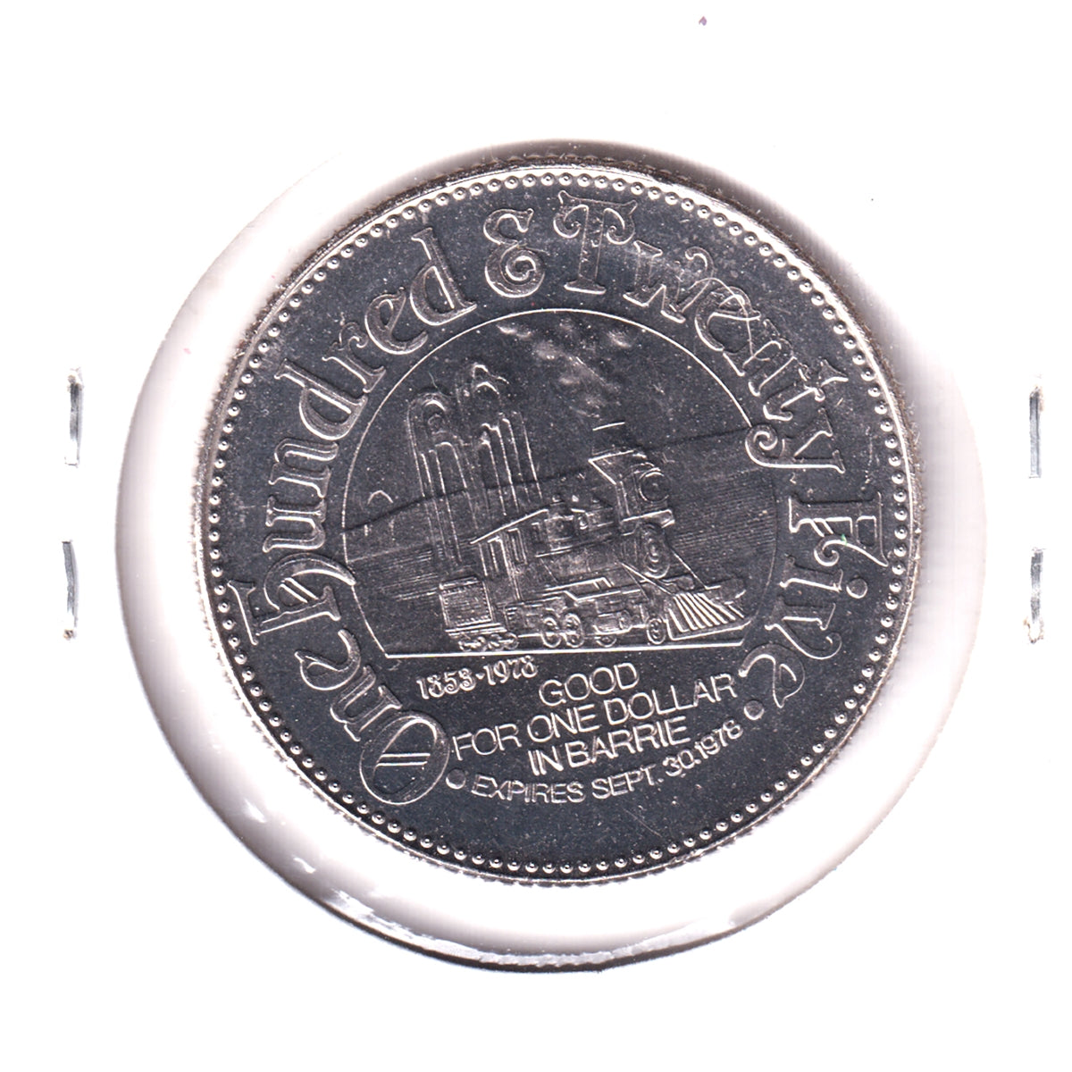 1978 Barrie, ON, 125th Anniversary Trade Dollar Token: Steam Train