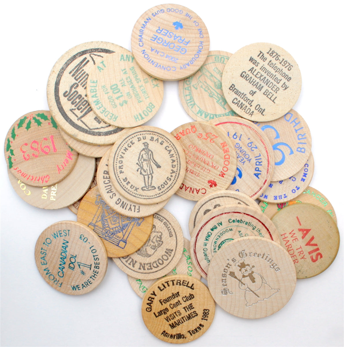 Lot of 25x Assorted Wooden Tokens, 25Pcs (Some Multiples)