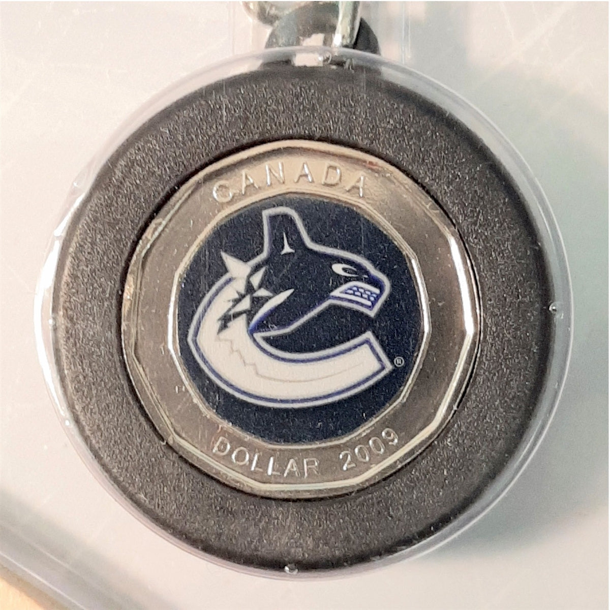 2009 Canada $1 Vancouver Canucks Mini Puck Keychain & Hockey Stick - Scuffed