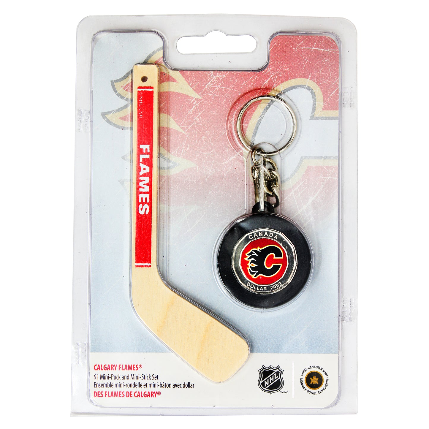 2009 Canada $1 Calgary Flames Mini Puck Keychain with 5" Hockey Stick