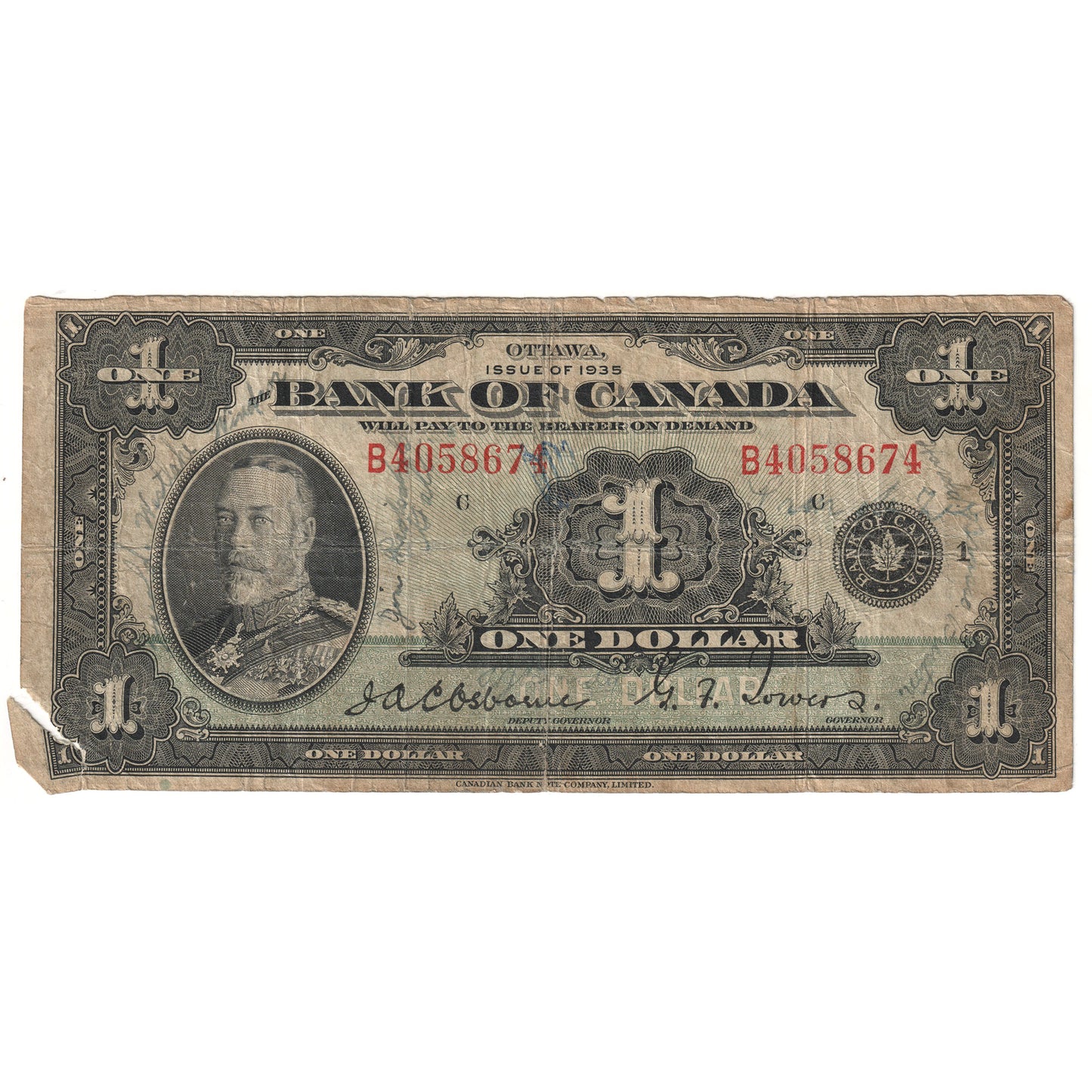 BC-1 1935 Canada $1 Osborne-Towers English B, VG-F (Dam'g)