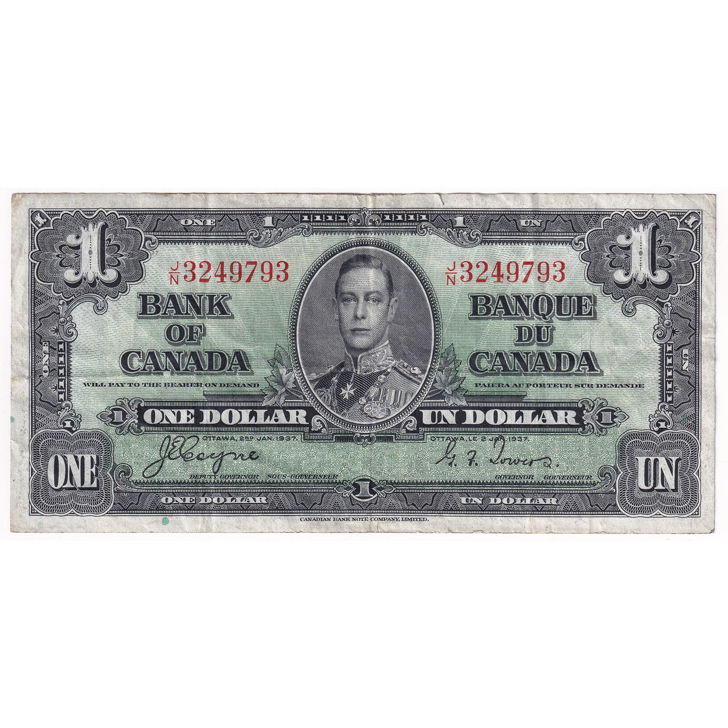 BC-21d 1937 Canada $1 Coyne-Towers, J/N, VF-EF (Tear)