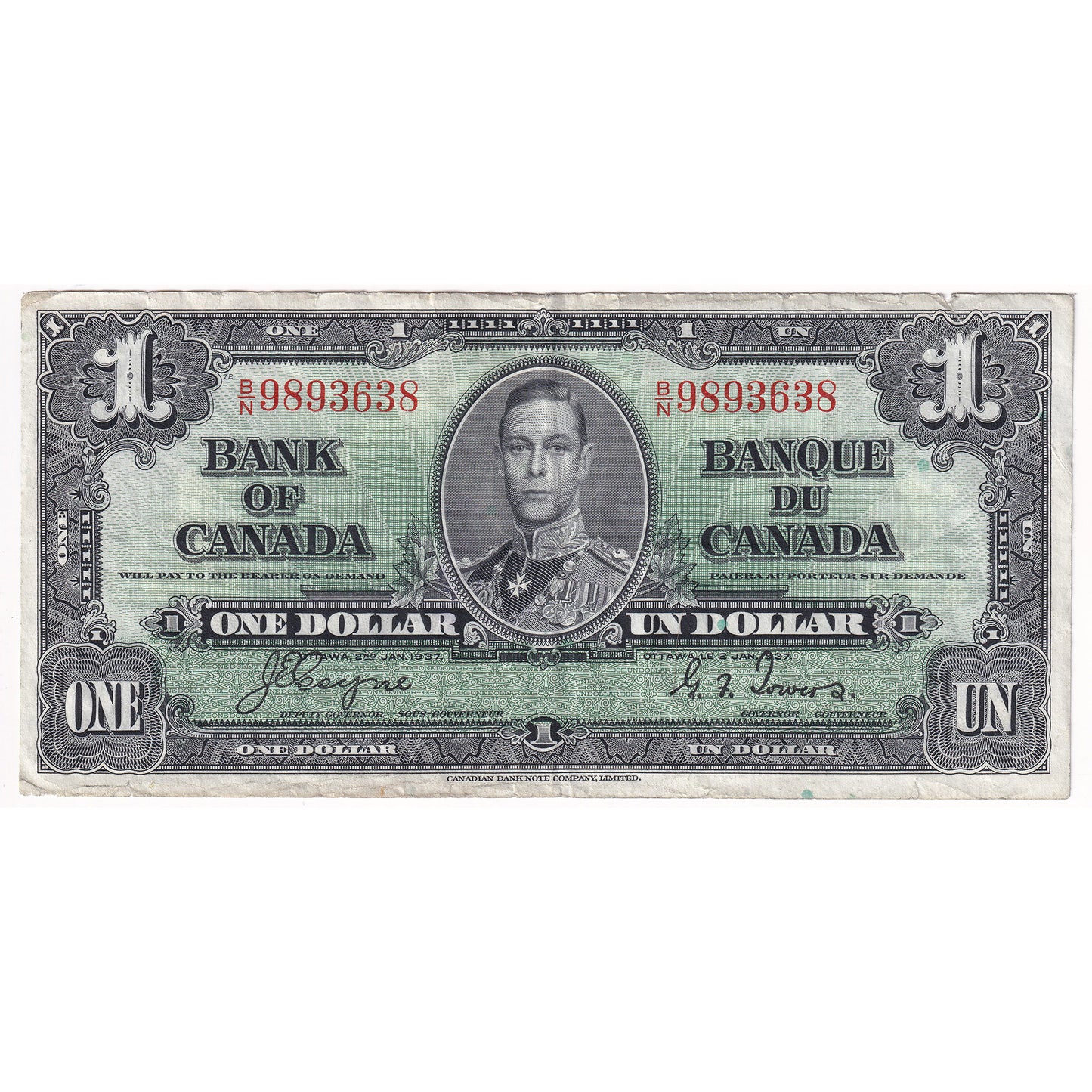 BC-21d 1937 Canada $1 Coyne-Towers, B/N, EF (Dam'g)