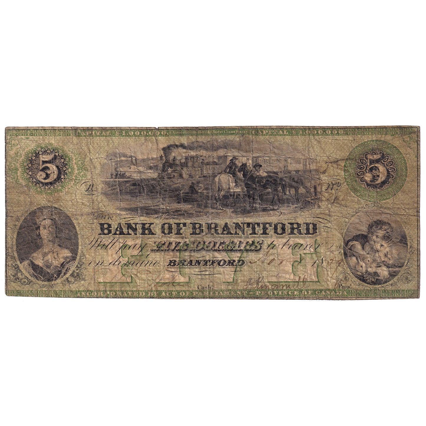40-10-02-08 1859 Bank of Brantford $5, Gren Tint, F-VF (Holes)