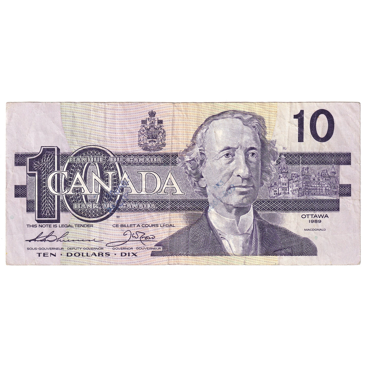 BC-57a 1989 Canada $10 Thiessen-Crow, BDH, F-VF (Dam'g)